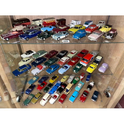 405 - THREE SHELVES OF DIE CAST TOY CARS - VANGUARDS, DAYS GONE BY, AND LLEDO