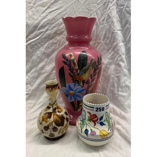 259 - POOLE POTTERY VASE, TWO VICTORIAN OPALINE GLASS VASES