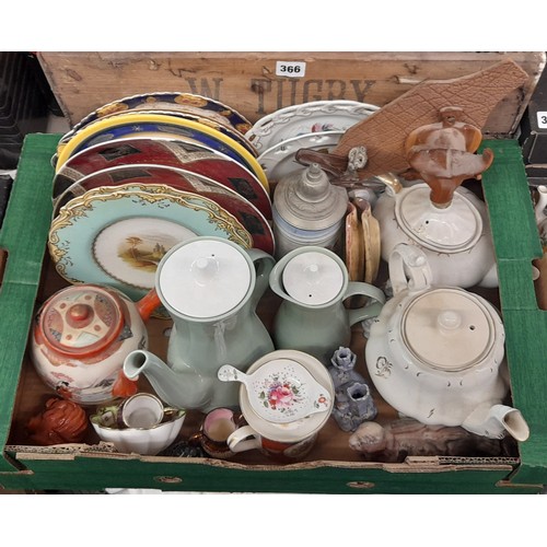 364 - CRATE OF KUTANI WARE TEAPOT, 19TH CENTURY PORCELAIN AND VIENNA DECORATIVE PLATES, ROCKINGHAM STYLE T... 