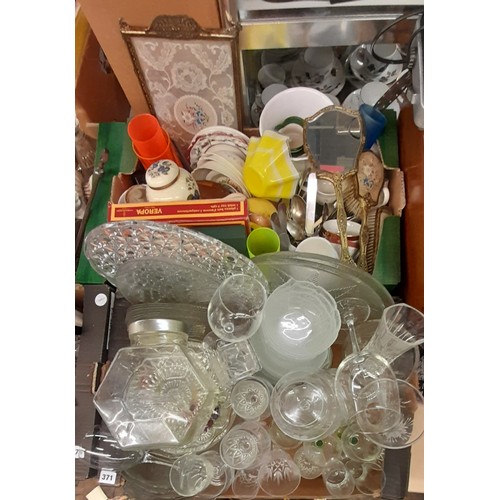 371 - TWO CARTONS OF VARIOUS GLASSWARE, PRESSED GLASS, CUTLERY