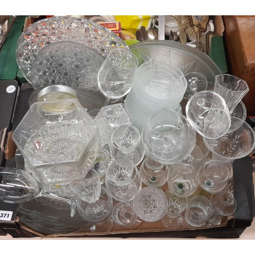 371 - TWO CARTONS OF VARIOUS GLASSWARE, PRESSED GLASS, CUTLERY
