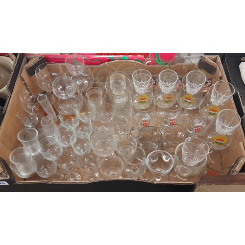 385 - CARTON - GLASSWARE INC AMBER STEMMED GOBLETS AND ADVERTISING GLASSES