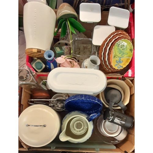 383 - TWO CARTONS - KITCHEN STORAGE JARS, BREAD BIN, BISCUIT BARREL, AND VARIOUS ORNAMENTS