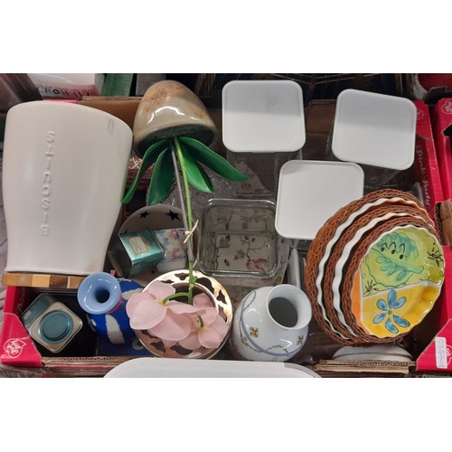 383 - TWO CARTONS - KITCHEN STORAGE JARS, BREAD BIN, BISCUIT BARREL, AND VARIOUS ORNAMENTS