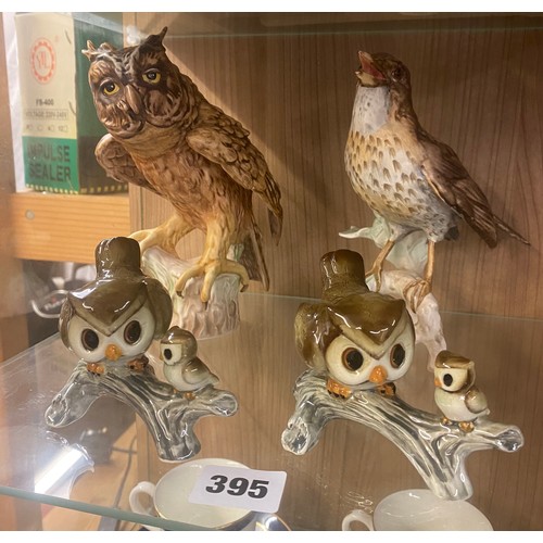 395 - GOEBAL SONG THRUSH, SCREECH OWL, AND TWO NOVELTY OWLS ON BRANCH FIGURES
