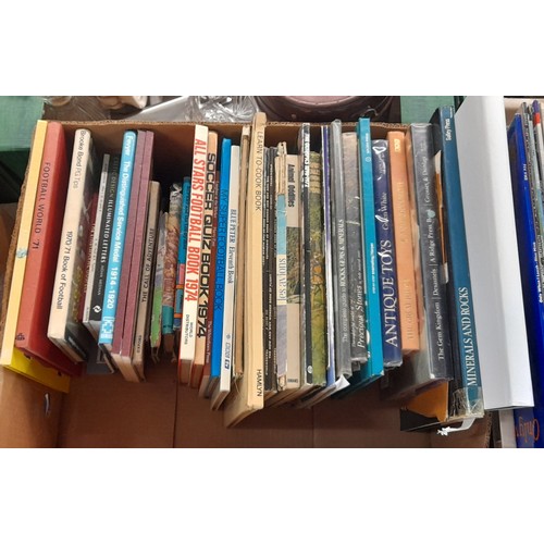 380 - BOX OF HARD BACK BOOKS ON PRECIOUS STONES, MINERALS, AND VINTAGE FOOTBALL ANNUALS