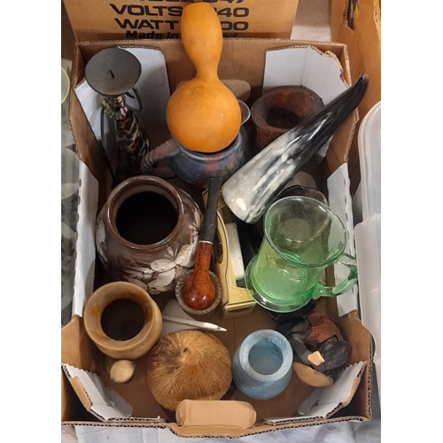 377 - BOX OF CARVED WOODEN BOWL, SMOKING PIPE, GOURD, CARVED FIGURE