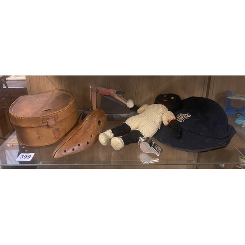 399 - LEATHER STUD BOX, VINTAGE SCHOOL CAP, KNITTED DOLL AND ACME WHISTLE