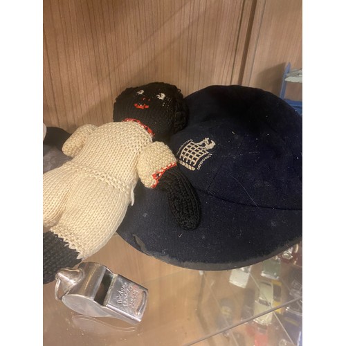 399 - LEATHER STUD BOX, VINTAGE SCHOOL CAP, KNITTED DOLL AND ACME WHISTLE
