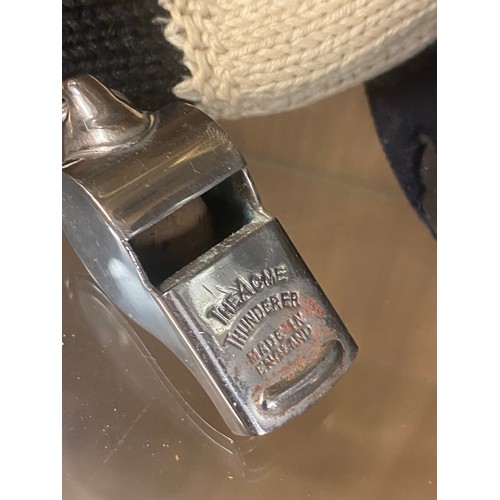 399 - LEATHER STUD BOX, VINTAGE SCHOOL CAP, KNITTED DOLL AND ACME WHISTLE