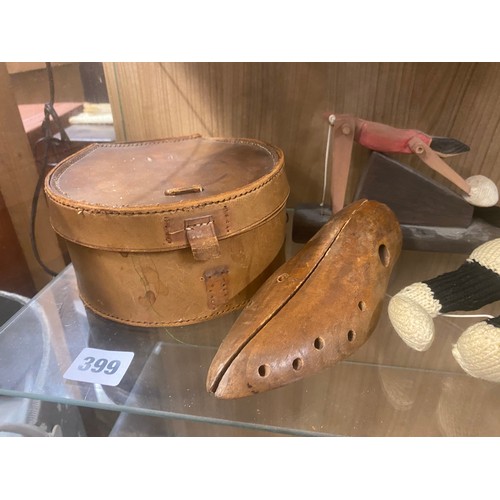 399 - LEATHER STUD BOX, VINTAGE SCHOOL CAP, KNITTED DOLL AND ACME WHISTLE