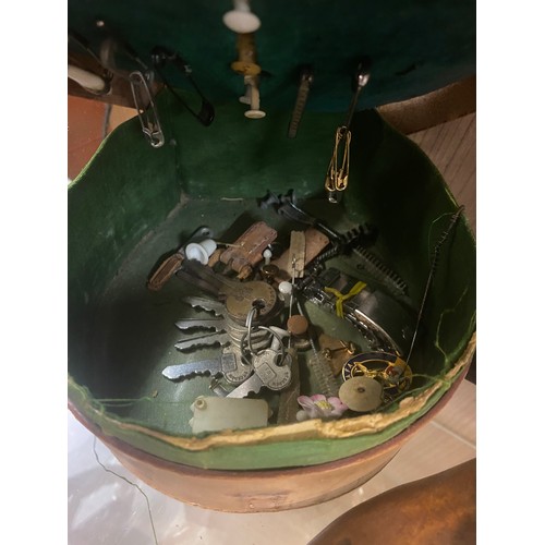 399 - LEATHER STUD BOX, VINTAGE SCHOOL CAP, KNITTED DOLL AND ACME WHISTLE