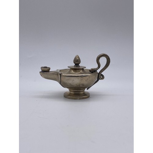 453 - LONDON SILVER ANTIQUE STYLE OIL LAMP TABLE LIGHTER WITH SERPENT HANDLE