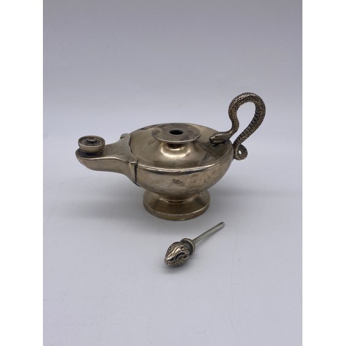 453 - LONDON SILVER ANTIQUE STYLE OIL LAMP TABLE LIGHTER WITH SERPENT HANDLE