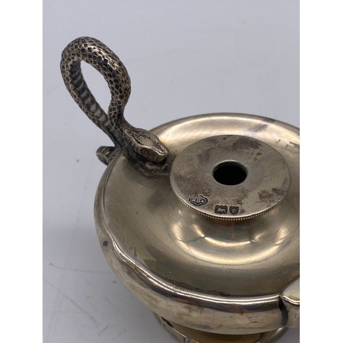 453 - LONDON SILVER ANTIQUE STYLE OIL LAMP TABLE LIGHTER WITH SERPENT HANDLE