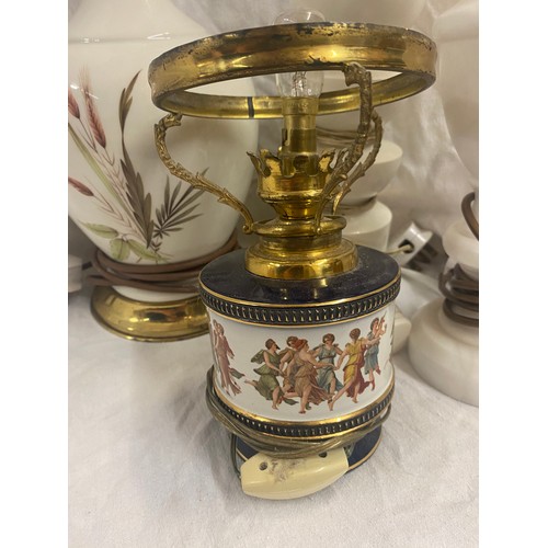 392 - GROUP OF TABLE LAMPS INC LOBED, HAND PAINTED, AND FIGURAL PANEL EXAMPLE