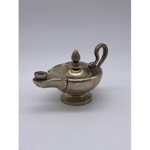 453 - LONDON SILVER ANTIQUE STYLE OIL LAMP TABLE LIGHTER WITH SERPENT HANDLE