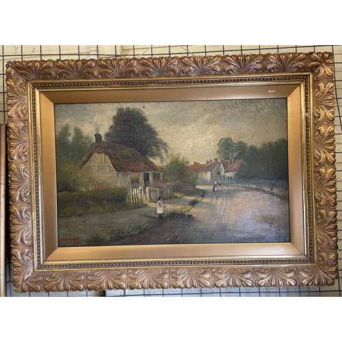 565 - J MOUNSEY OILS ON CANVAS FIGURES FEEDING CHICKENS ON THE LANE SIGNED AND DATED 1904