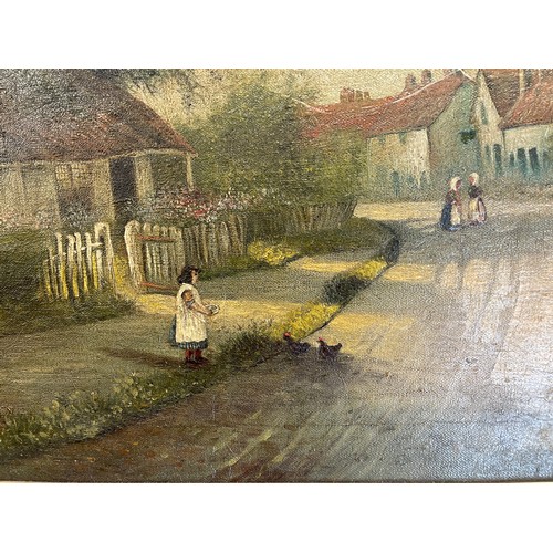 565 - J MOUNSEY OILS ON CANVAS FIGURES FEEDING CHICKENS ON THE LANE SIGNED AND DATED 1904