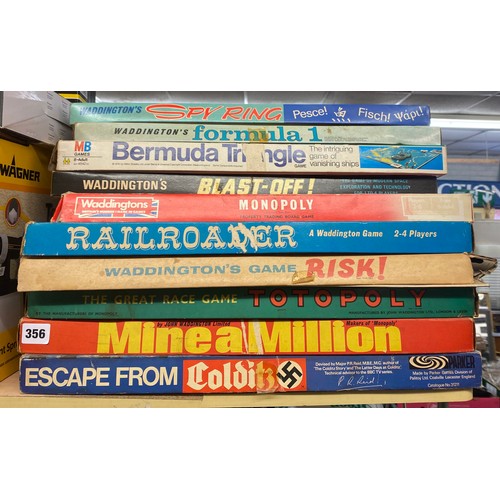 356 - STACK OF VINTAGE BOARD GAMES INC TOTOPOLY, RISK, COLDITZ, RAILROADER, MIN A MILLION