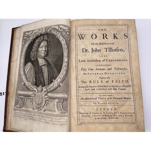 511 - LEATHER BOUND ANTIQUARIAN BOOK THE WORKS OF THE MOST REVERAND DR JOHN TILLOTSON PRINTED BY GOODWIN T... 