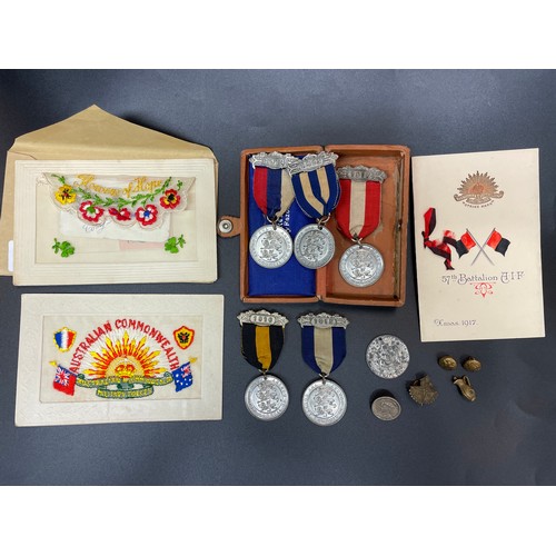 443 - SELECTION OF ATTENDANCE AWARD MEDALLIONS, FESTIVAL OF BRITAIN LAPEL BADGE AND THREE SILK CARDS