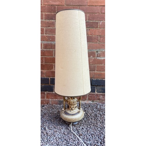 361 - MOTTLED POTTERY TWIN HANDLED TABLE LAMP WITH CONICAL SHADE