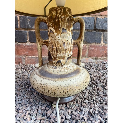 361 - MOTTLED POTTERY TWIN HANDLED TABLE LAMP WITH CONICAL SHADE