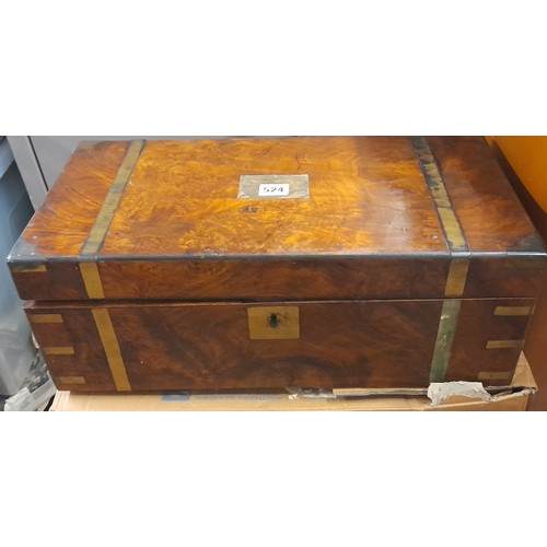 524 - VICTORIAN WALNUT BRASS BANDED WRITING BOX A/F