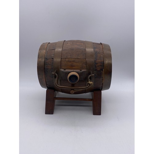 440 - CARVED COPPER BANDED KEG ON STAND