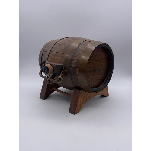 440 - CARVED COPPER BANDED KEG ON STAND