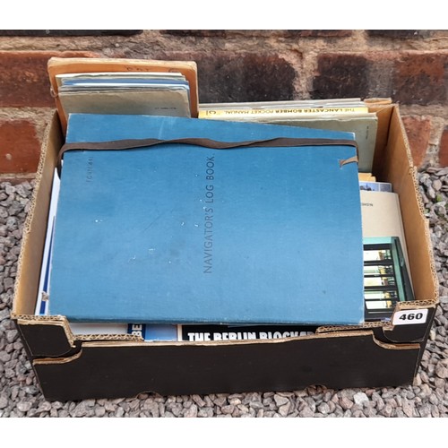 460 - BOX OF EPHEMRA CONTAINING AVIATION BROCHURES, NEWSPAPER CUTTINGS, AND WWII PILOTS NOTE BOOKS AND POC... 