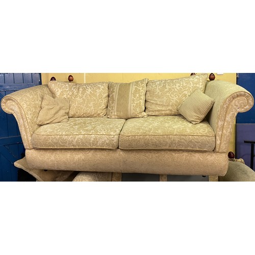 87 - GOLD BROCADE FABRIC KNOWLE TYPE SOFAS, ARMCHAIR AND FOOTSTOOL