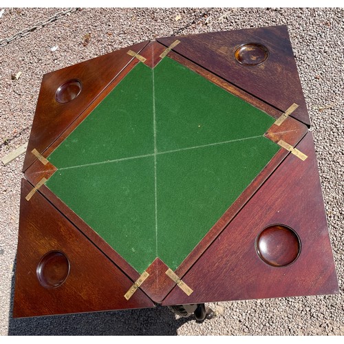 152 - EDWARDIAN MAHOGANY CARVED ENVELOPE GAMES TABLE WITH UNDERTIER