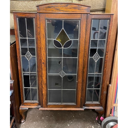 66 - OAKED LEADED GLAZED DISPLAY CABINET ON CABRIOLE LEGS