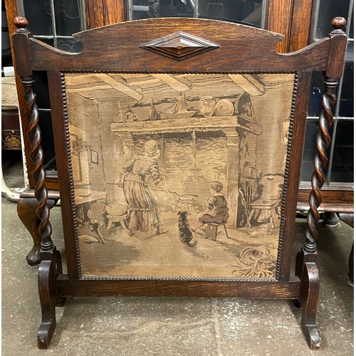 67 - OAK BARLEY TWIST TAPESTRY PANEL FIRE SCREEN