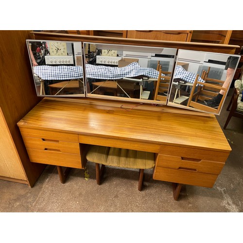 110 - TEAK KNEEHOLE UNIFLEX DRESSING TABLE WITH UPHOLSTERED STOOL