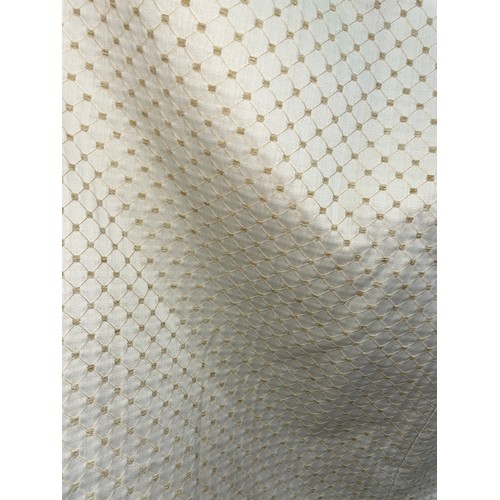 94 - GOOD QUALITY GOLD AND CREAM LOZENGE PATTERNED CURTAINS WITH TIEBACKS 7FT DROP APPROX