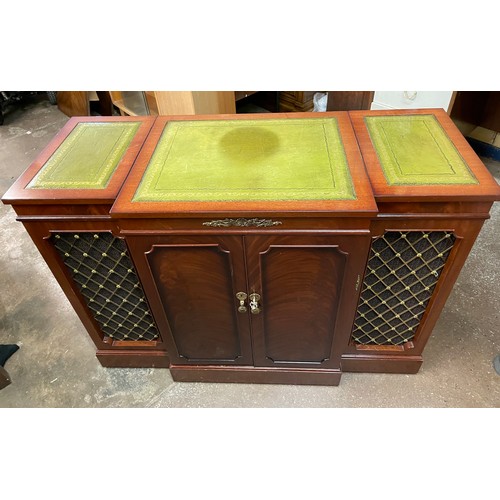 92 - GARRAD MUSIC CENTRE IN A REGENCY STYLE BREAKFRONT AND LEATHER TOPPED SIDE CABINET