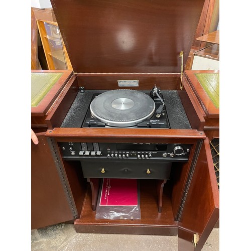 92 - GARRAD MUSIC CENTRE IN A REGENCY STYLE BREAKFRONT AND LEATHER TOPPED SIDE CABINET