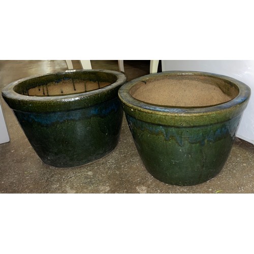 132 - PAIR OF BLUE GREEN MOTTLE GLAZED PLANTERS