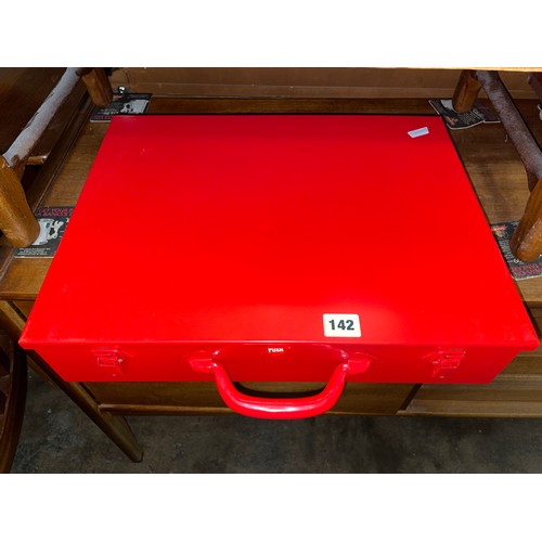 142 - RED ENAMEL HEAVY DUTY IRON MONGERY CASE