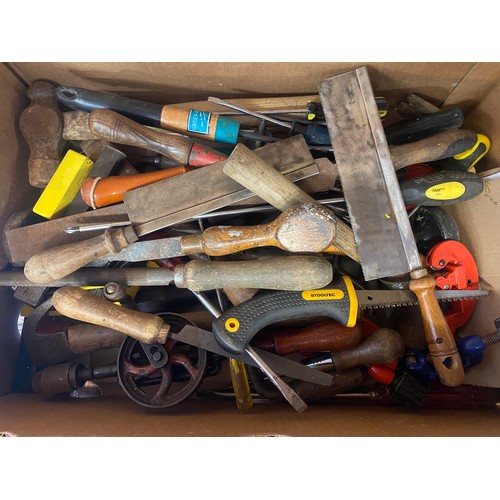 251 - BOX OF MISCELLANEOUS TOOLS, SAWS, FILES AND HAND DRILLS