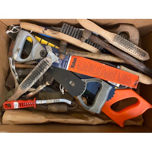 263 - BOX - MAINLY SMALL HAND SAWS, HAMMERS, WIRE BRUSHES, MOLE GRIPS