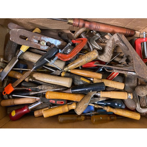 268 - CARTON - VARIOUS CHISELS, YANKEE SCREW DRIVER, JACK PLANES, AND G CLAMPS