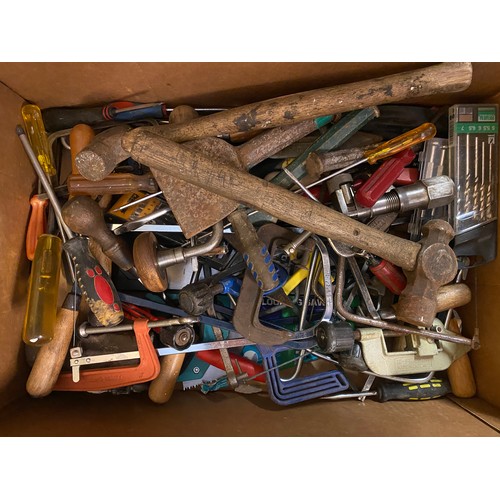 269 - VARIOUS TOOLS, DRILL BIT SET, G CLAMPS, BOLSTER CHISEL, BRACE DRILL