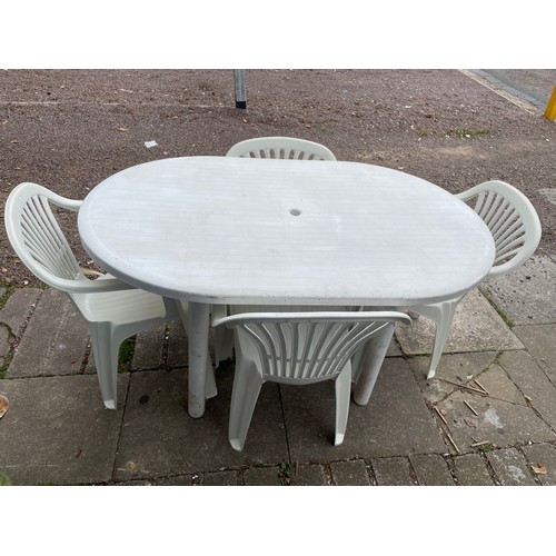 108 - WHITE UPVC OVAL PATIO TABLE & CHAIRS