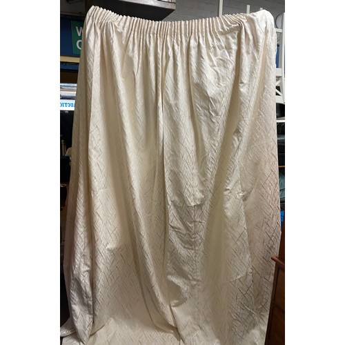 187 - PAIR OF FULLY LIND CREAM AND GOLD CURTAINS - 95 DROP BY 128 INCHES APPROX (POSSIBLY TO FIT 5 BAY WIN... 