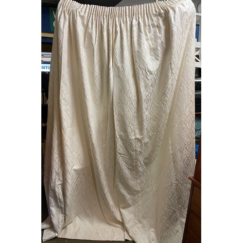 187 - PAIR OF FULLY LIND CREAM AND GOLD CURTAINS - 95 DROP BY 128 INCHES APPROX (POSSIBLY TO FIT 5 BAY WIN... 