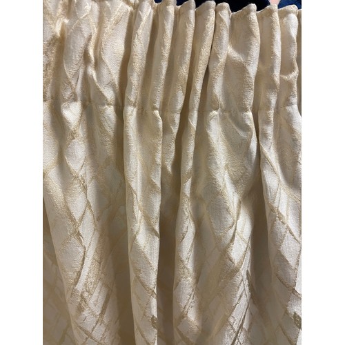 187 - PAIR OF FULLY LIND CREAM AND GOLD CURTAINS - 95 DROP BY 128 INCHES APPROX (POSSIBLY TO FIT 5 BAY WIN... 